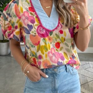 Rose Floral Print V Neck Short Puff Sleeve Cotton Blouse