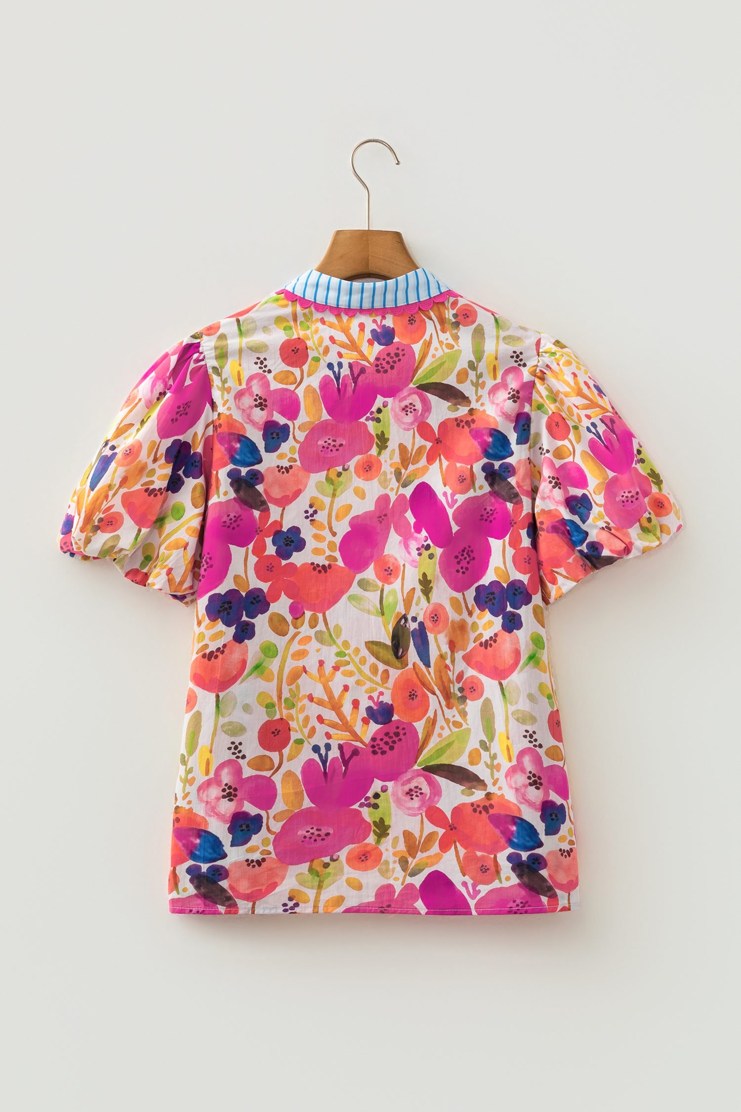 Rose Floral Print V Neck Short Puff Sleeve Cotton Blouse