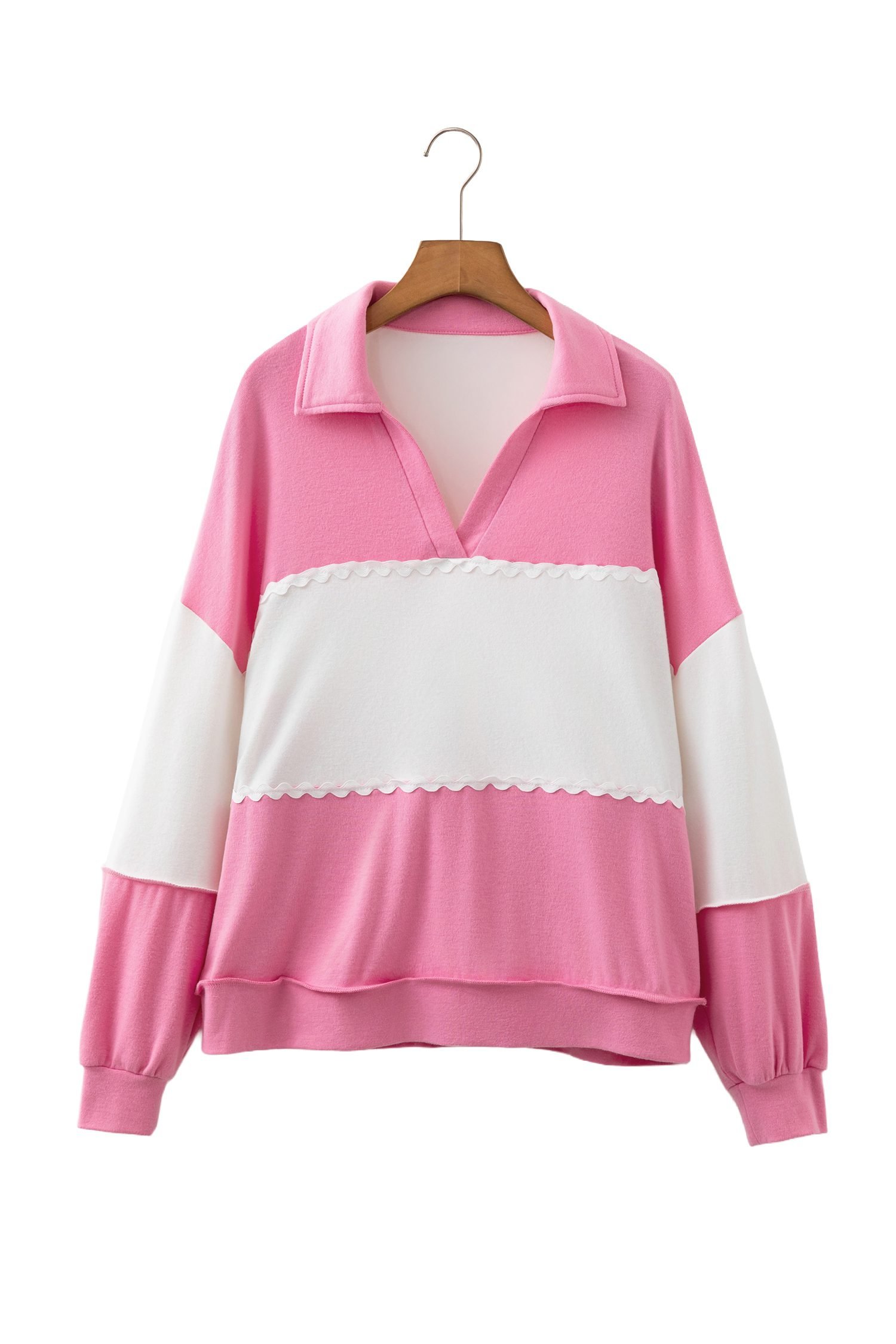Rose Red Color Block Ricrac Trim Patchwork Collar V Neck Long Sleeve Top