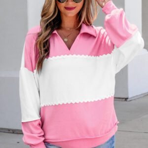 Rose Red Color Block Ricrac Trim Patchwork Collar V Neck Long Sleeve Top