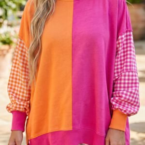 Rose Red Colorblock Gingham Sleeve Crewneck Sweatshirt