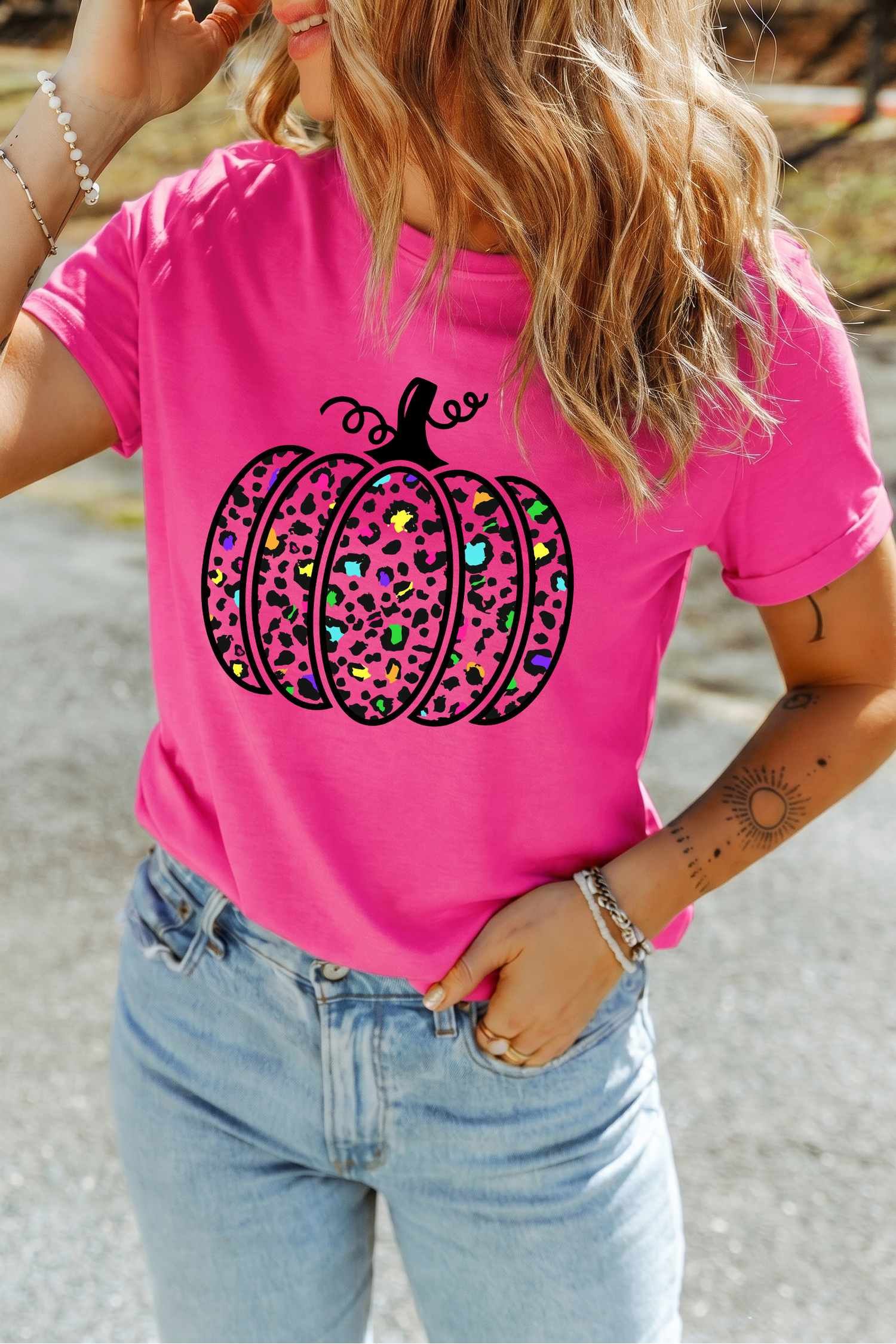 Rose Red Leopard Print Pumpkin Graphic Tee