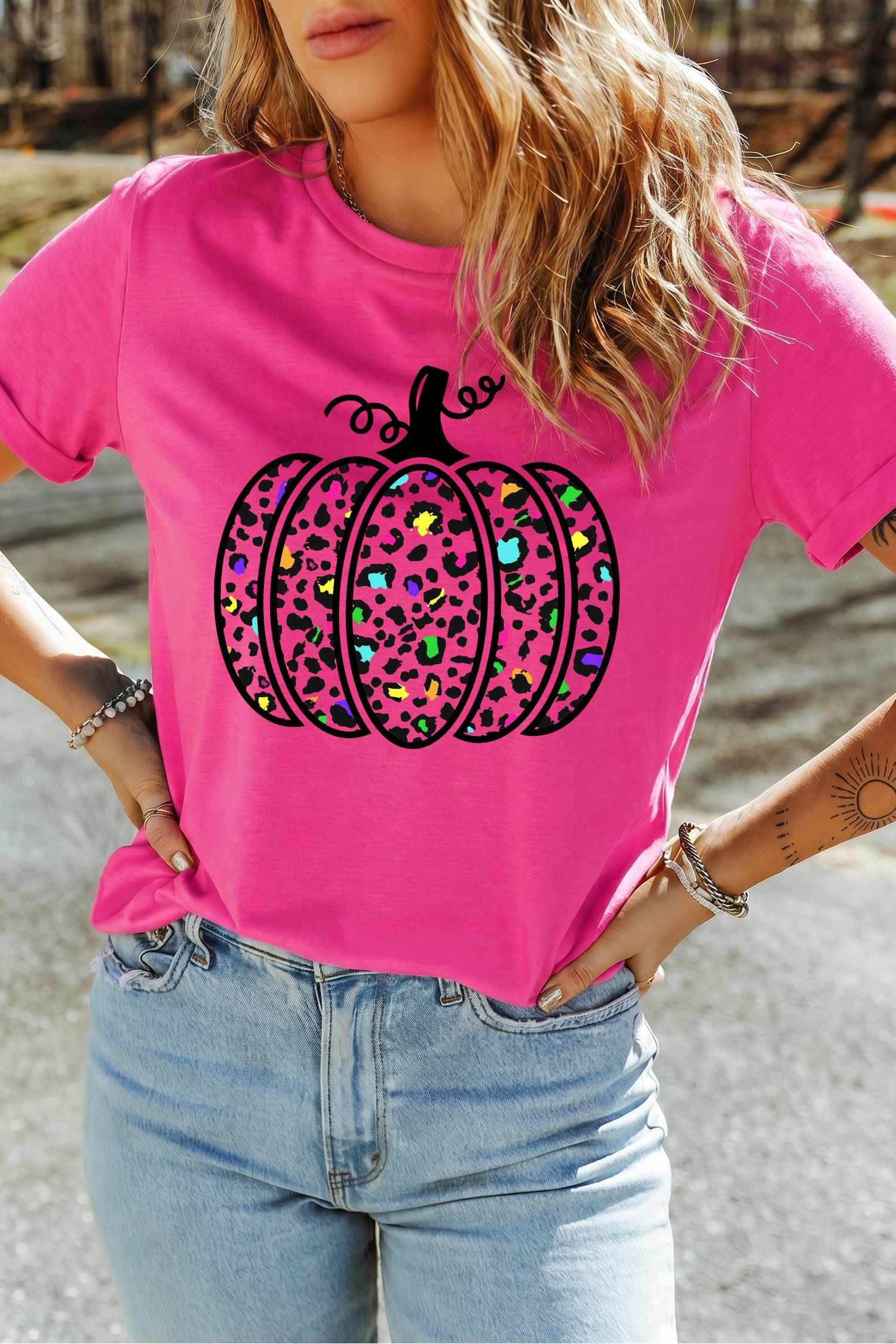 Rose Red Leopard Print Pumpkin Graphic Tee