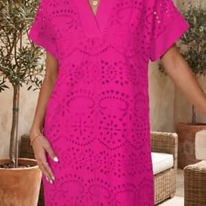 Rose Red Solid Color Eyelet Embroidered T Shirt Mini Dress