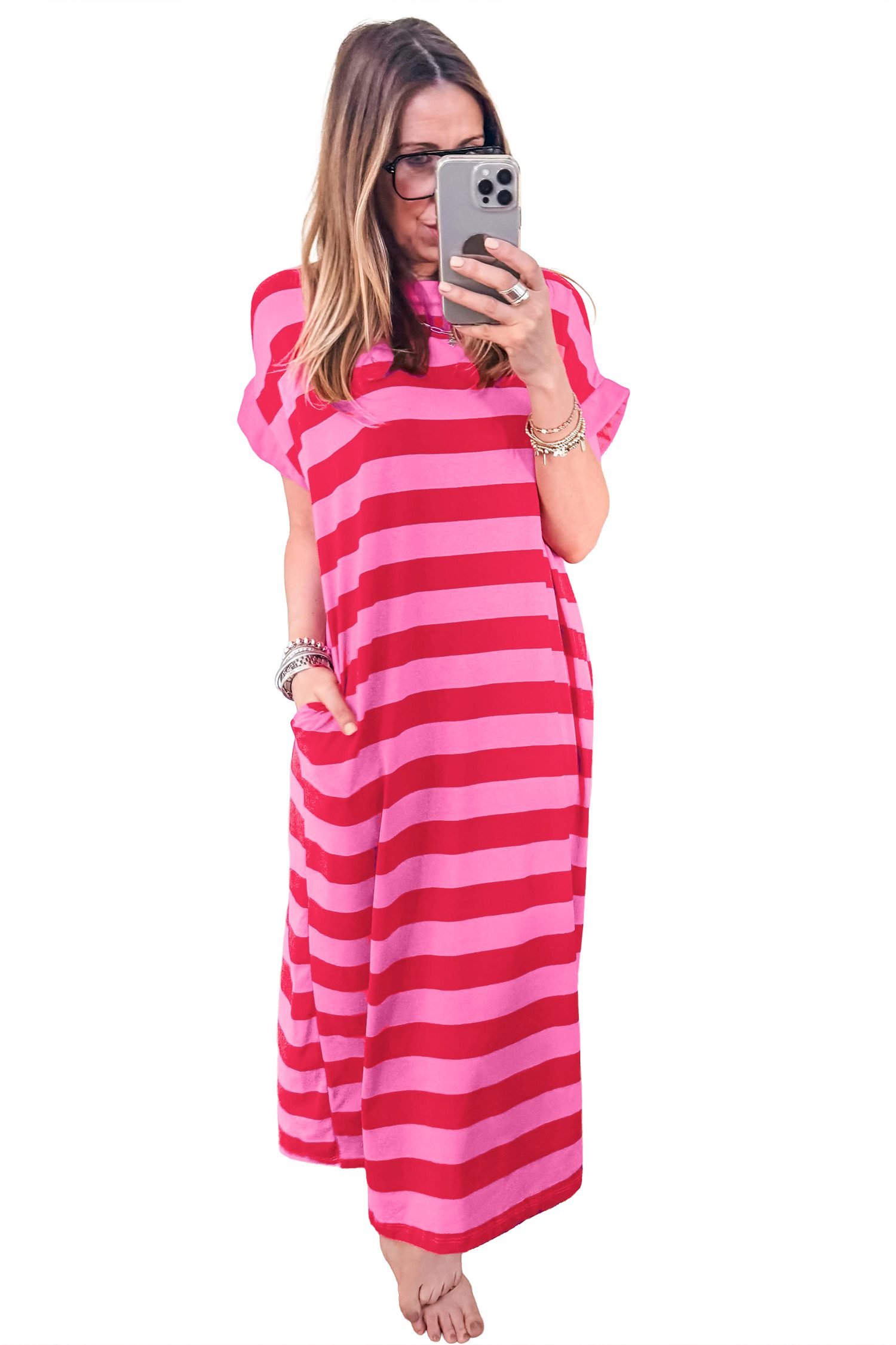 Rose Stripe Cuffed Short Sleeve Pocketed Casual T Shirt Long Dress