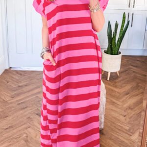 Rose Stripe Cuffed Short Sleeve Pocketed Casual T Shirt Long Dress