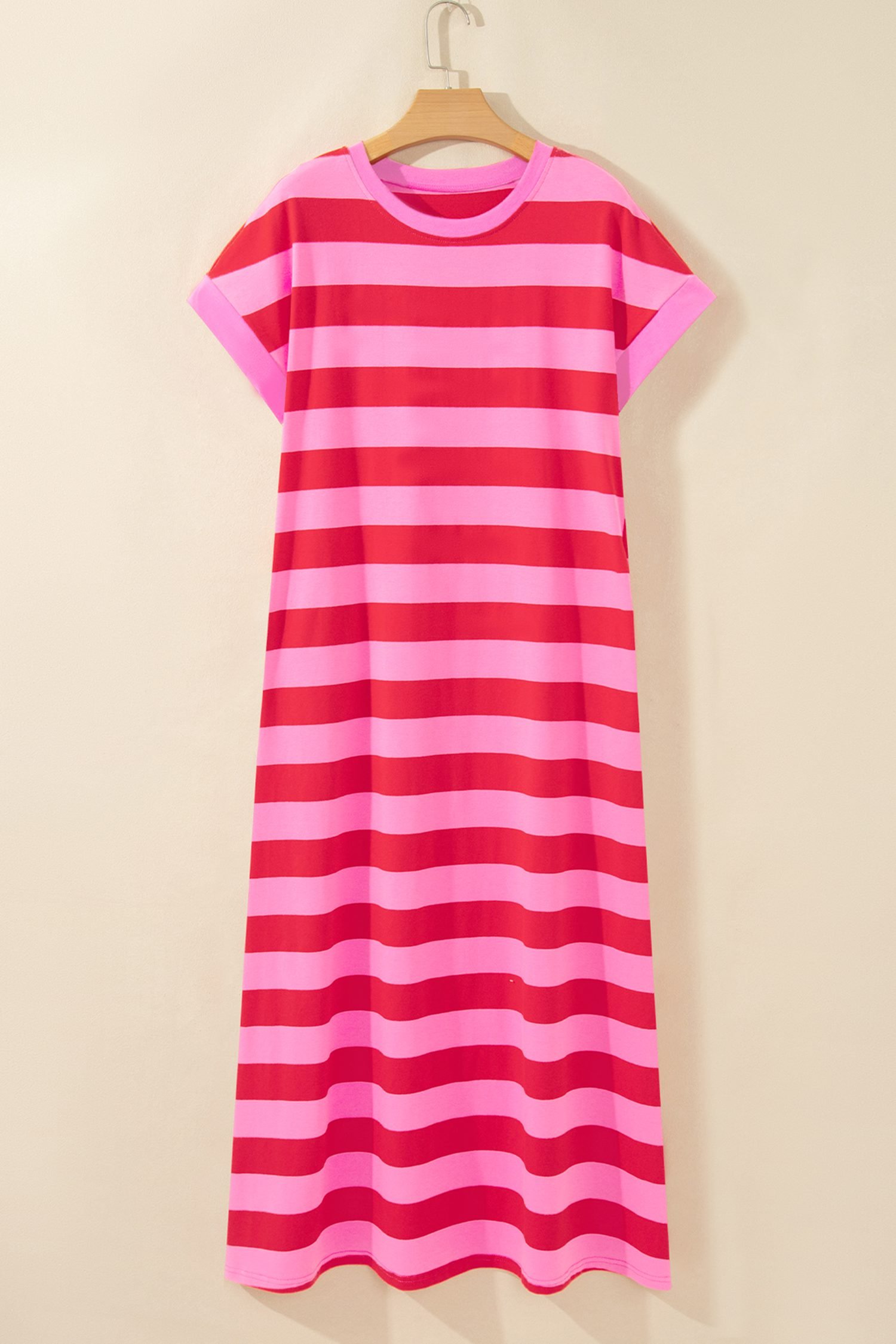 Rose Stripe Cuffed Short Sleeve Pocketed Casual T Shirt Long Dress