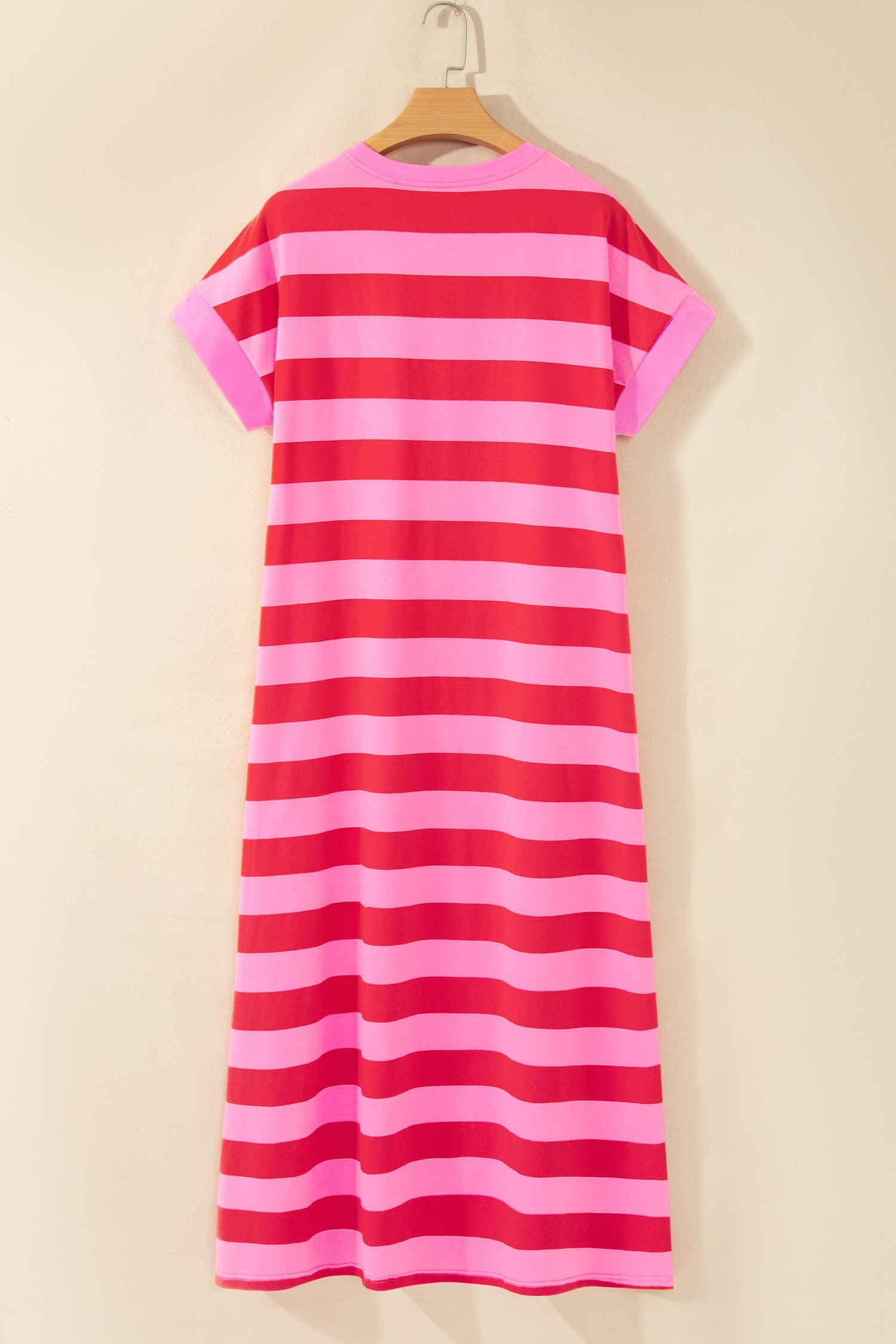 Rose Stripe Cuffed Short Sleeve Pocketed Casual T Shirt Long Dress