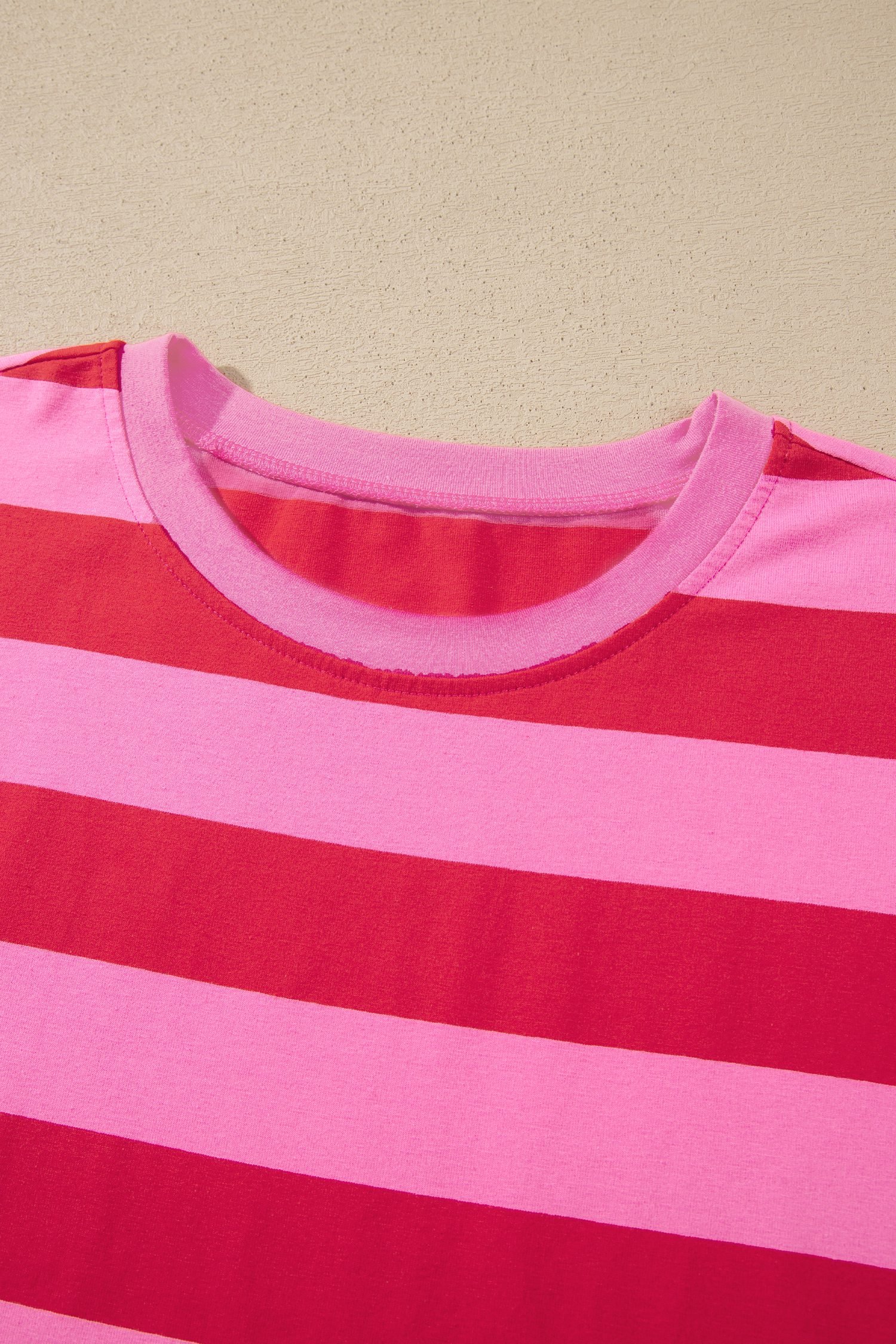 Rose Stripe Cuffed Short Sleeve Pocketed Casual T Shirt Long Dress
