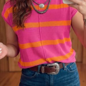Rose Stripe Knit Western Short Sleeve Sweater