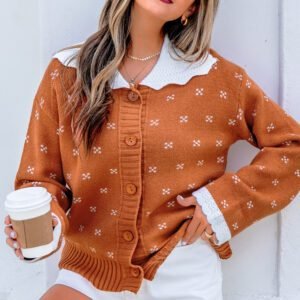 Russet Orange Peter Pan Collar Colorblock Long Sleeve Knitwear Cardigan