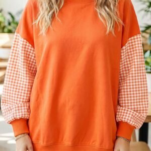 Russet Orange Plaid Sleeve Colorblock Loose Tunic Sweatshirt