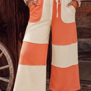 Russet Orange Raw Seam Colorblock Wide Leg Ankle Length Casual Pants