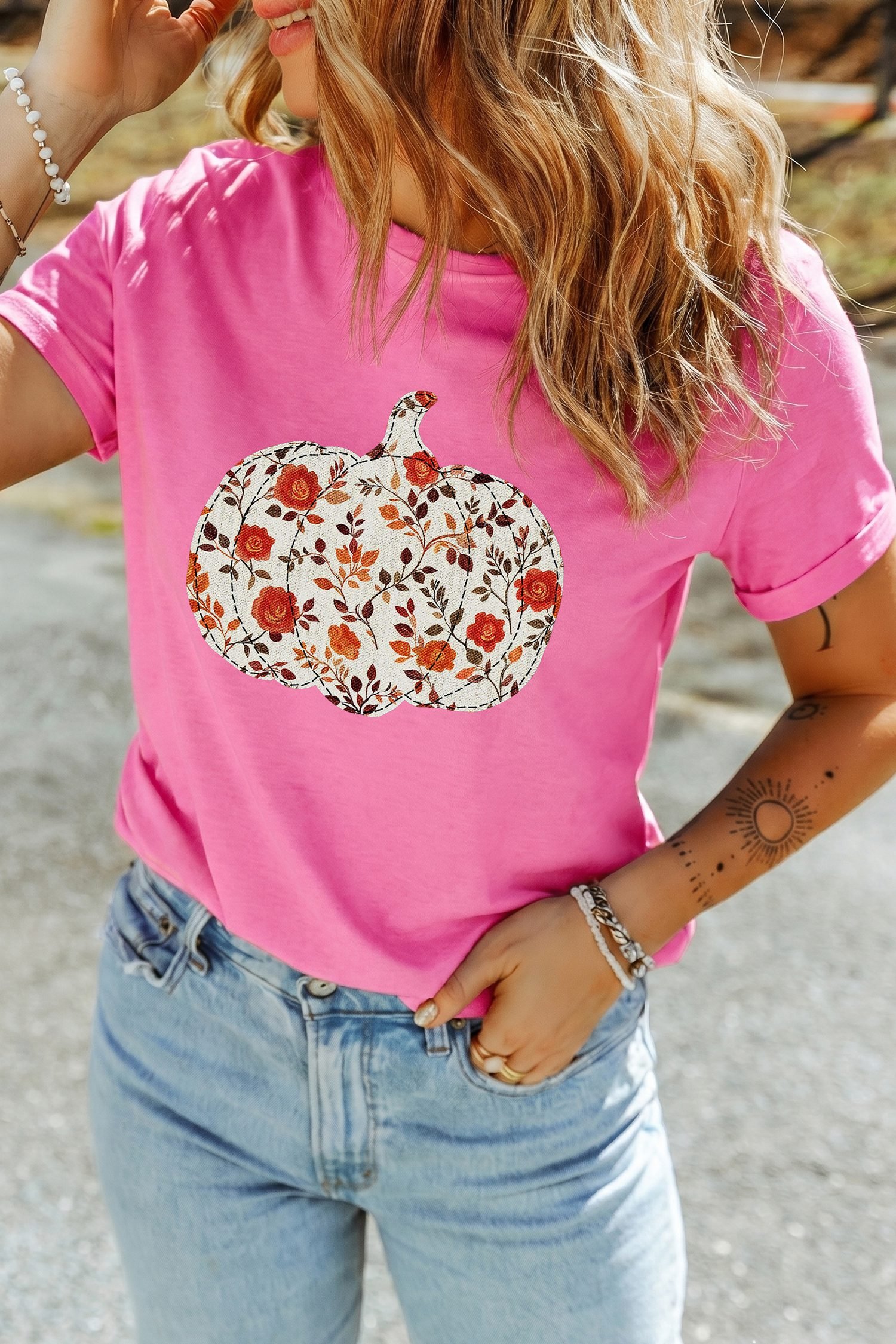 Sachet Pink Floral Pumpkin Graphic Printed Casual Round Neck T Shirt
