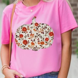 Sachet Pink Floral Pumpkin Graphic Printed Casual Round Neck T Shirt