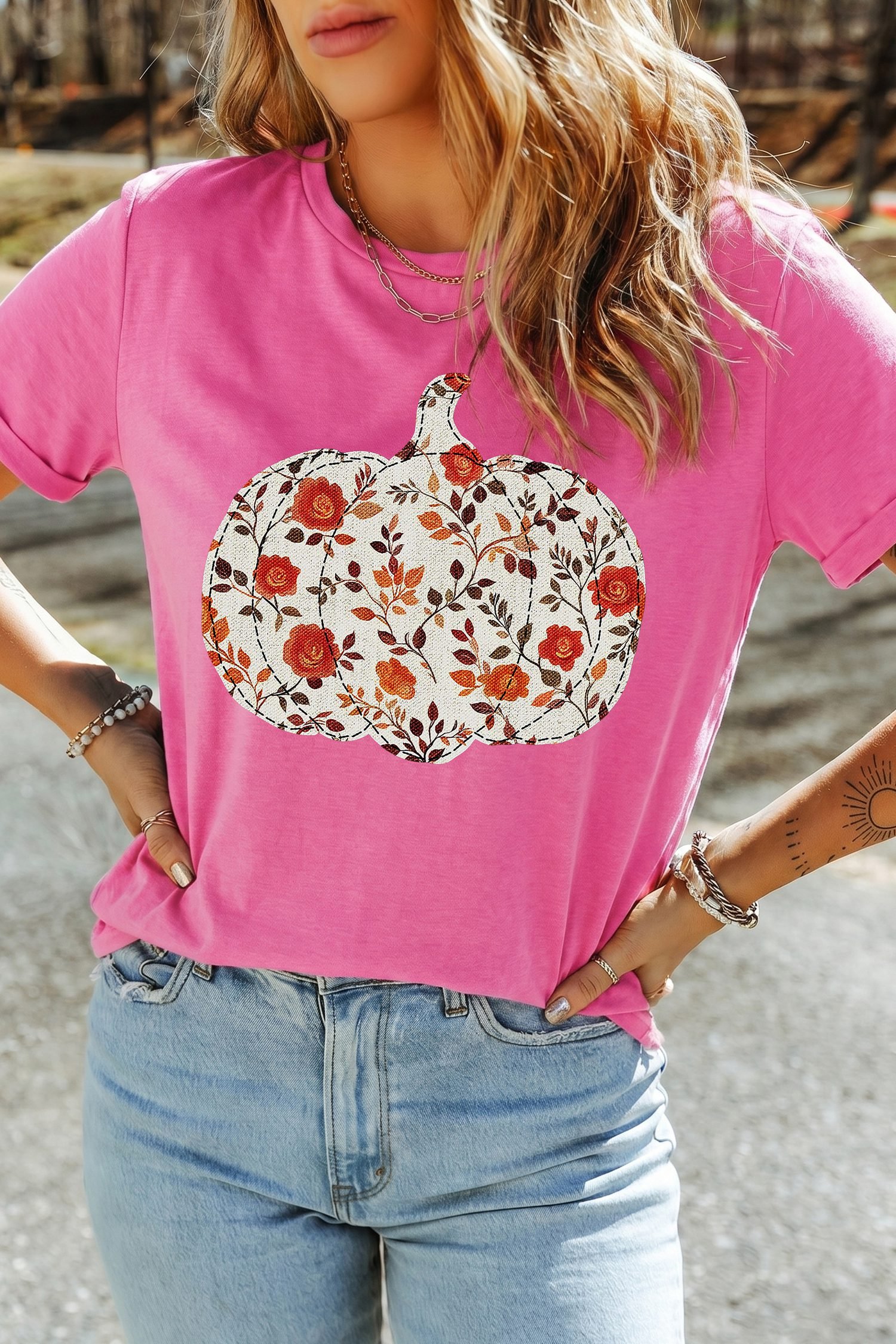 Sachet Pink Floral Pumpkin Graphic Printed Casual Round Neck T Shirt