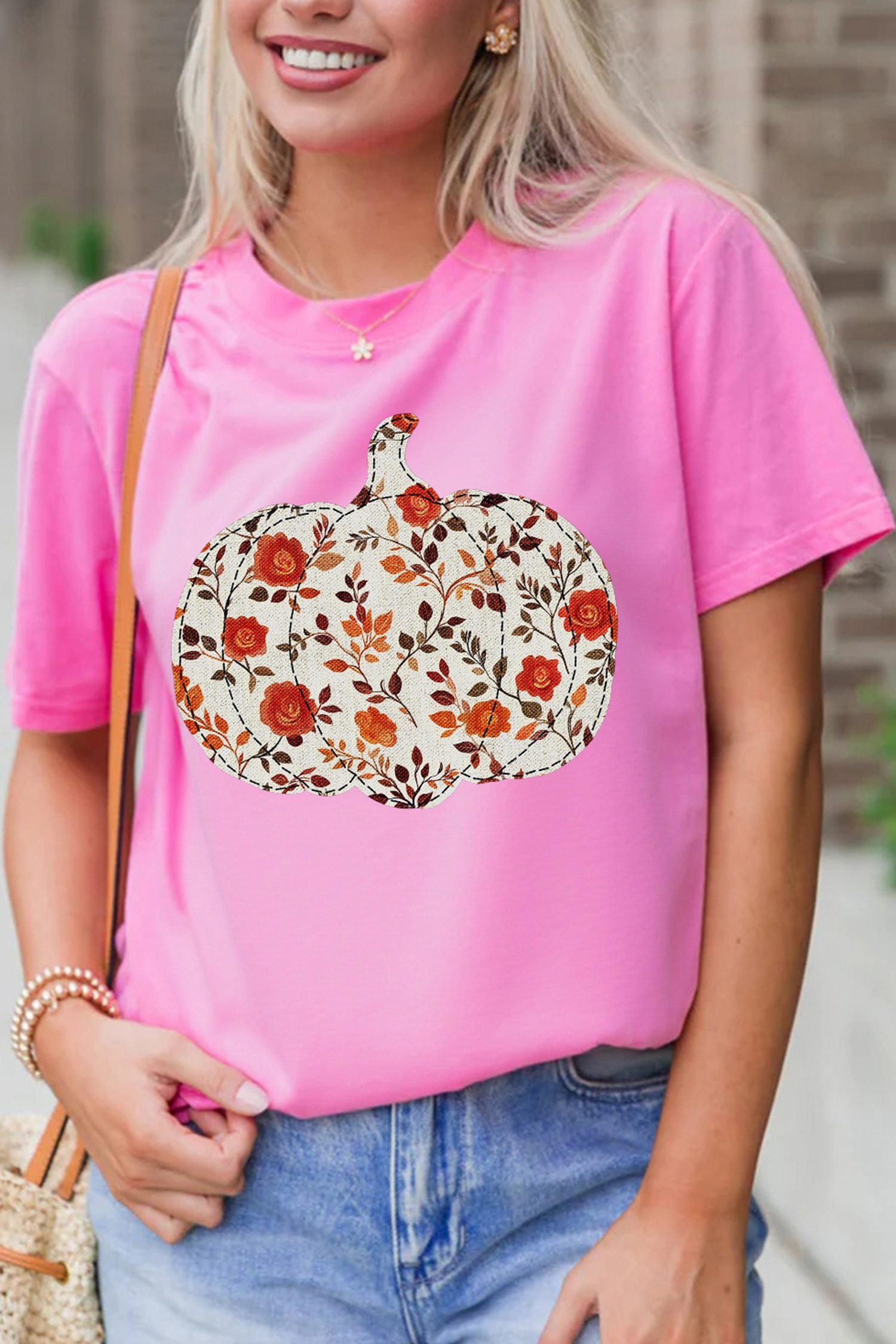 Sachet Pink Floral Pumpkin Graphic Printed Casual Round Neck T Shirt
