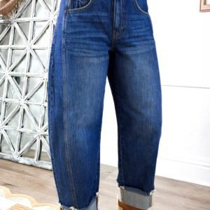 Sail Blue Raw Hem Turnup Loose Ankle-length Jeans
