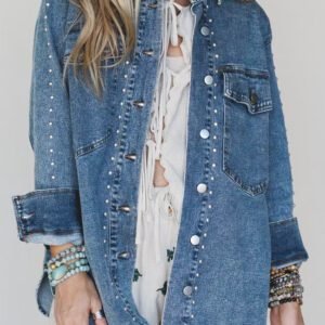 Sail Blue Rivet Embellished Western Style Regular Fit Long Sleeve Denim Jacket