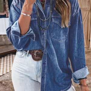 Sail Blue Western Patch Pockets Tunic Length Long Sleeve Denim Shirt