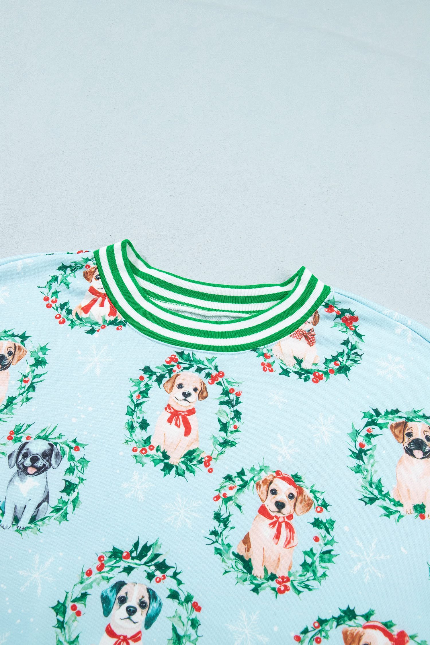 Sky Blue Abstract Dog Print Ribbed Cuff Round Neck Long Sleeve Sweatshirt