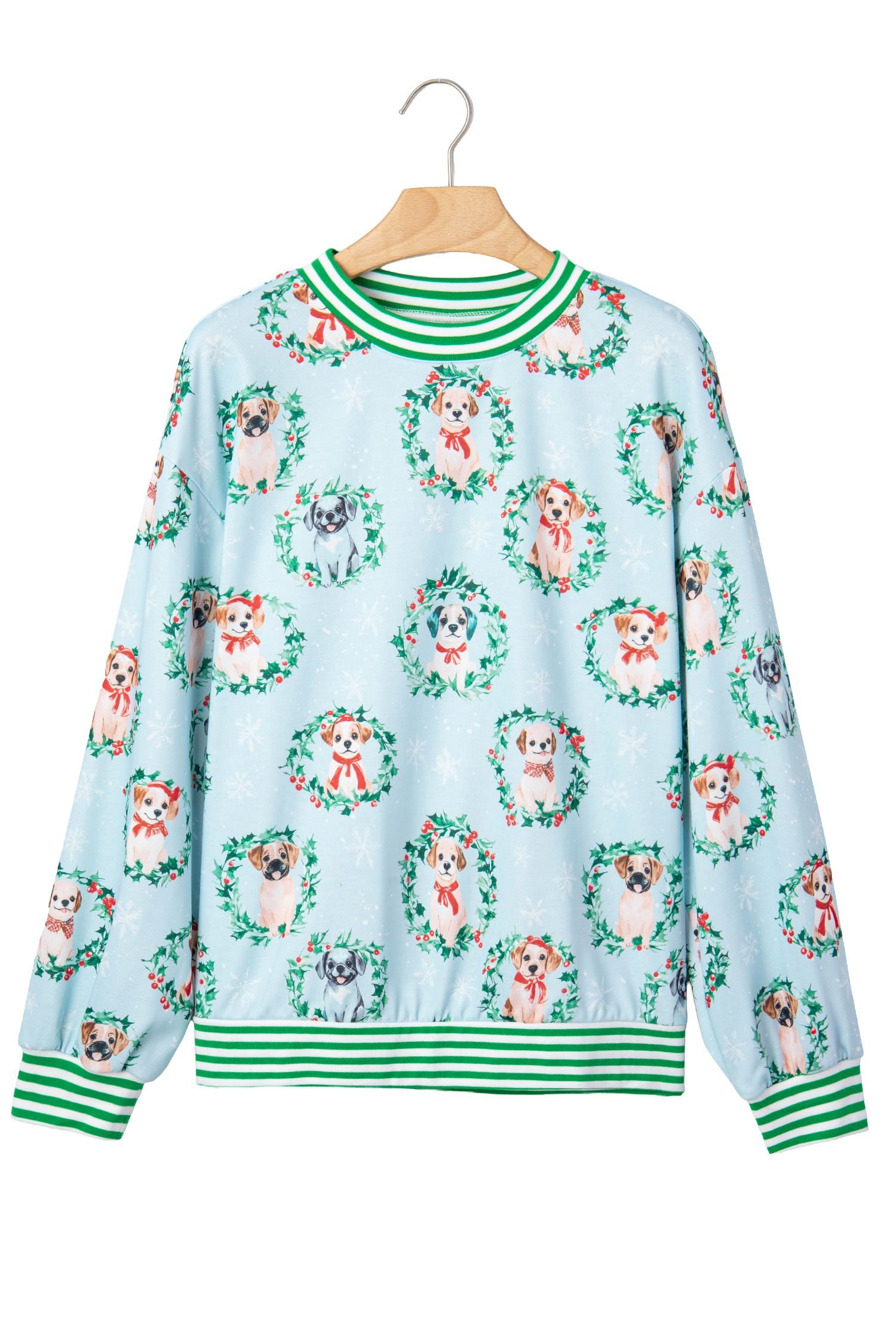 Sky Blue Abstract Dog Print Ribbed Cuff Round Neck Long Sleeve Sweatshirt
