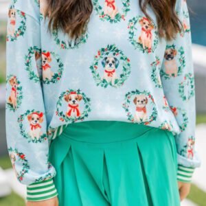 Sky Blue Abstract Dog Print Ribbed Cuff Round Neck Long Sleeve Sweatshirt