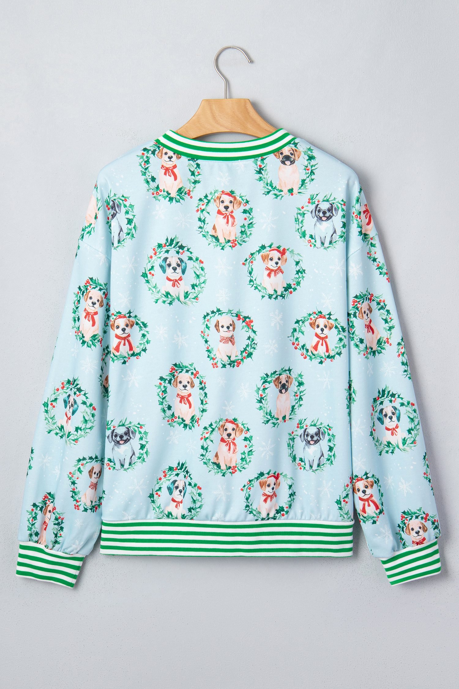 Sky Blue Abstract Dog Print Ribbed Cuff Round Neck Long Sleeve Sweatshirt