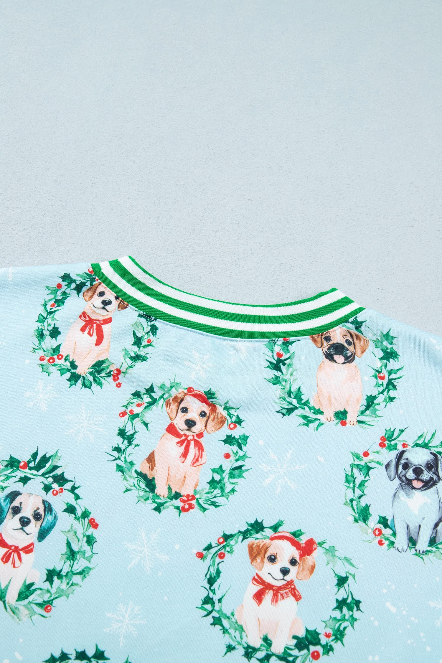 Sky Blue Abstract Dog Print Ribbed Cuff Round Neck Long Sleeve Sweatshirt