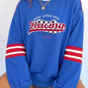 Sky Blue Abstract Racing Graphic Embroidered Patchwork Long Sleeve Sweatshirt