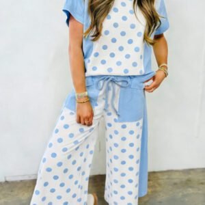 Sky Blue Color Block Patchwork Polka Dot Wide Leg Pant Set