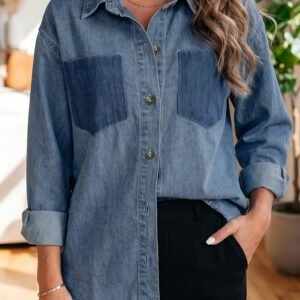 Sky Blue Color Block Pocket Detail Casual Button Down Denim Shirt