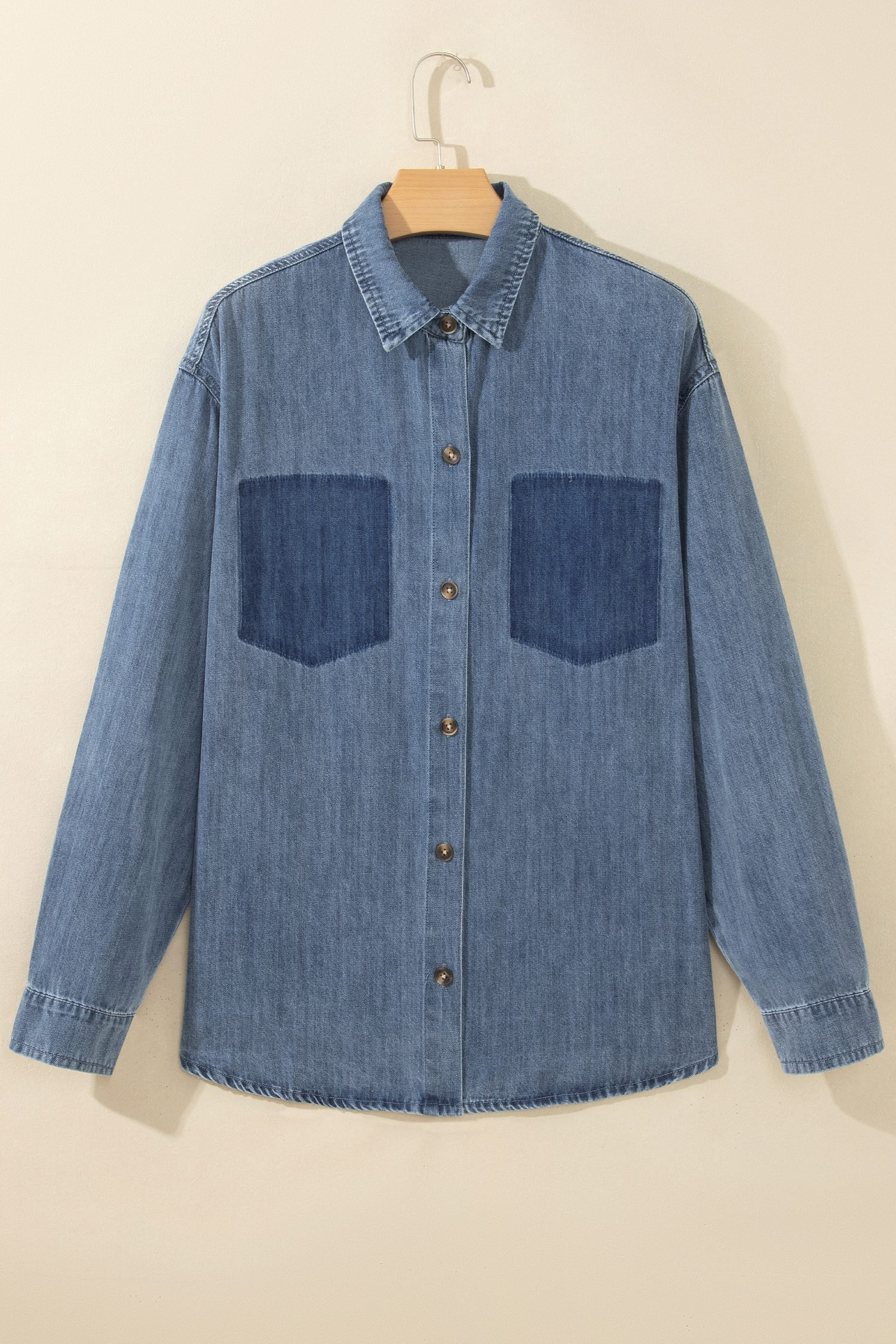 Sky Blue Color Block Pocket Detail Casual Button Down Denim Shirt