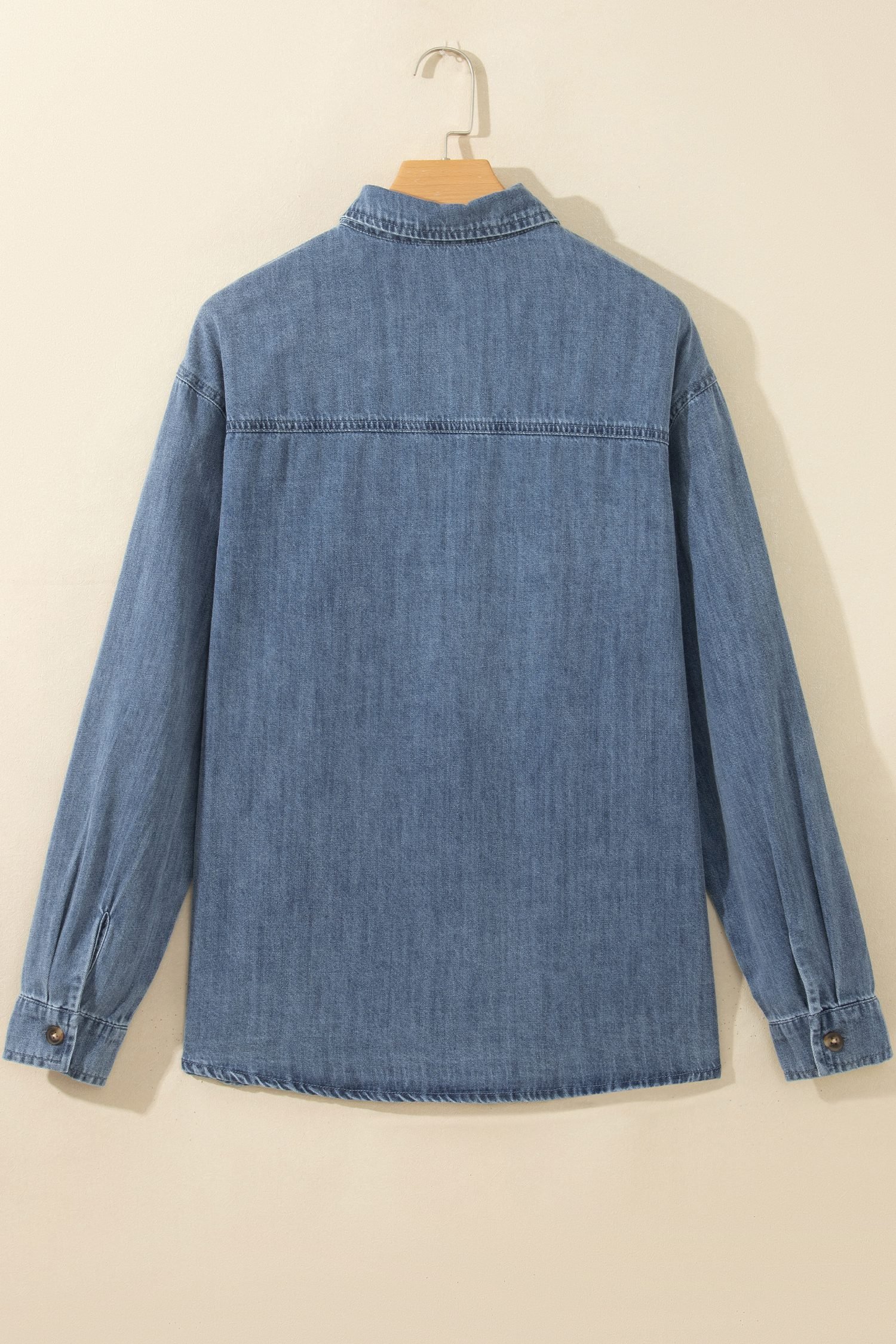 Sky Blue Color Block Pocket Detail Casual Button Down Denim Shirt