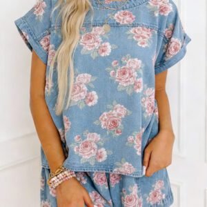 Sky Blue Floral Denim Short Sleeve Top Loose Shorts 2pcs Set
