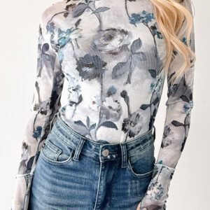 Sky Blue Floral Mesh High Neck Long Sleeve Sheath Top