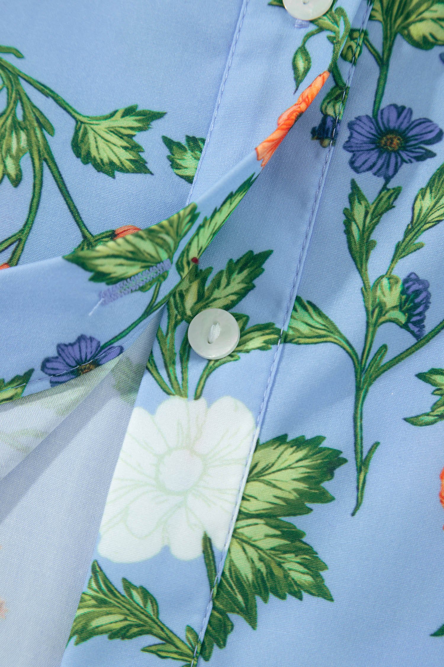 Sky Blue Floral Print Bracelet Sleeve Button Down Casual Shirt