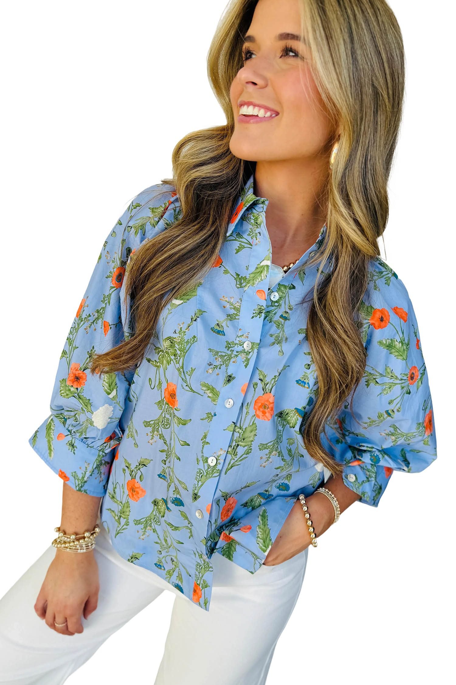 Sky Blue Floral Print Bracelet Sleeve Button Down Casual Shirt