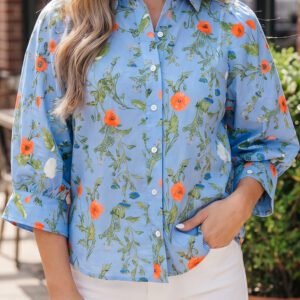 Sky Blue Floral Print Bracelet Sleeve Button Down Casual Shirt