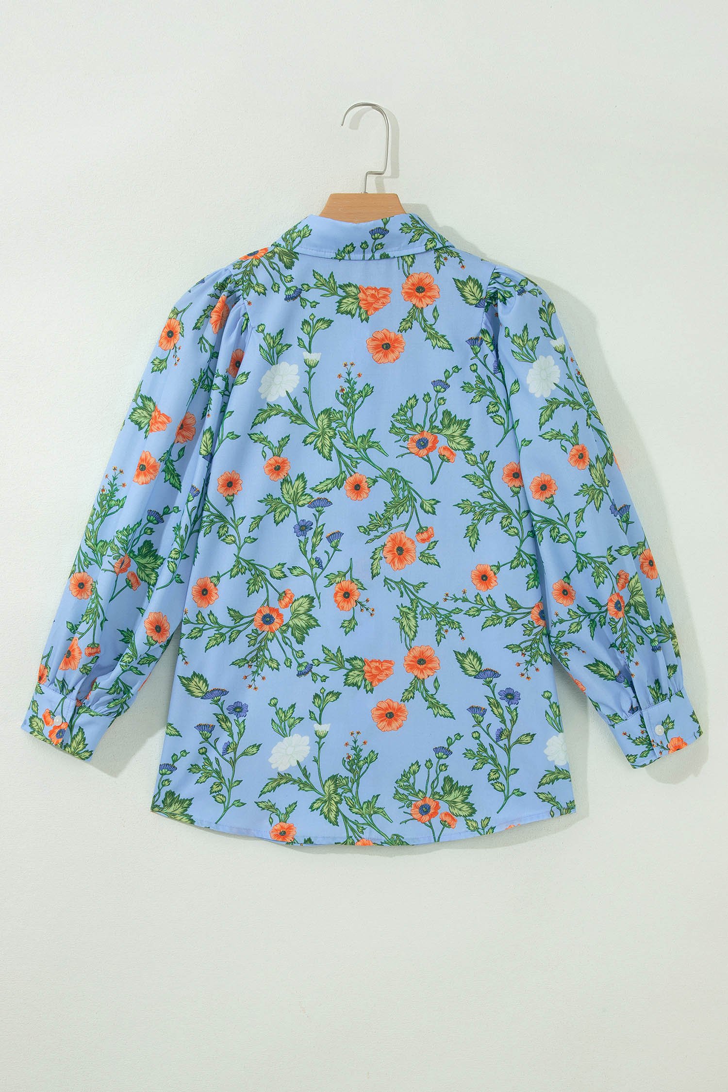 Sky Blue Floral Print Bracelet Sleeve Button Down Casual Shirt