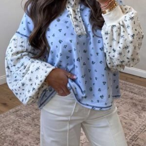 Sky Blue Floral Print Contrast Long Sleeve Tops