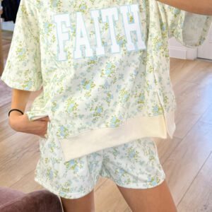 Sky Blue Floral Print FAITH Graphic Short Sleeve Top Loose Short Set