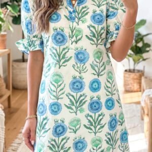 Sky Blue Floral Print Half Button Frilly Short Sleeve Dress