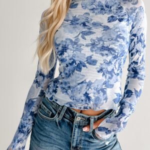 Sky Blue Floral Print Long Sleeve Stand Neck Mesh Top