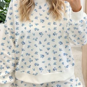 Sky Blue Floral Print Long Sleeve Top Elastic Waist Ruffle Hem Shorts 2pcs Set