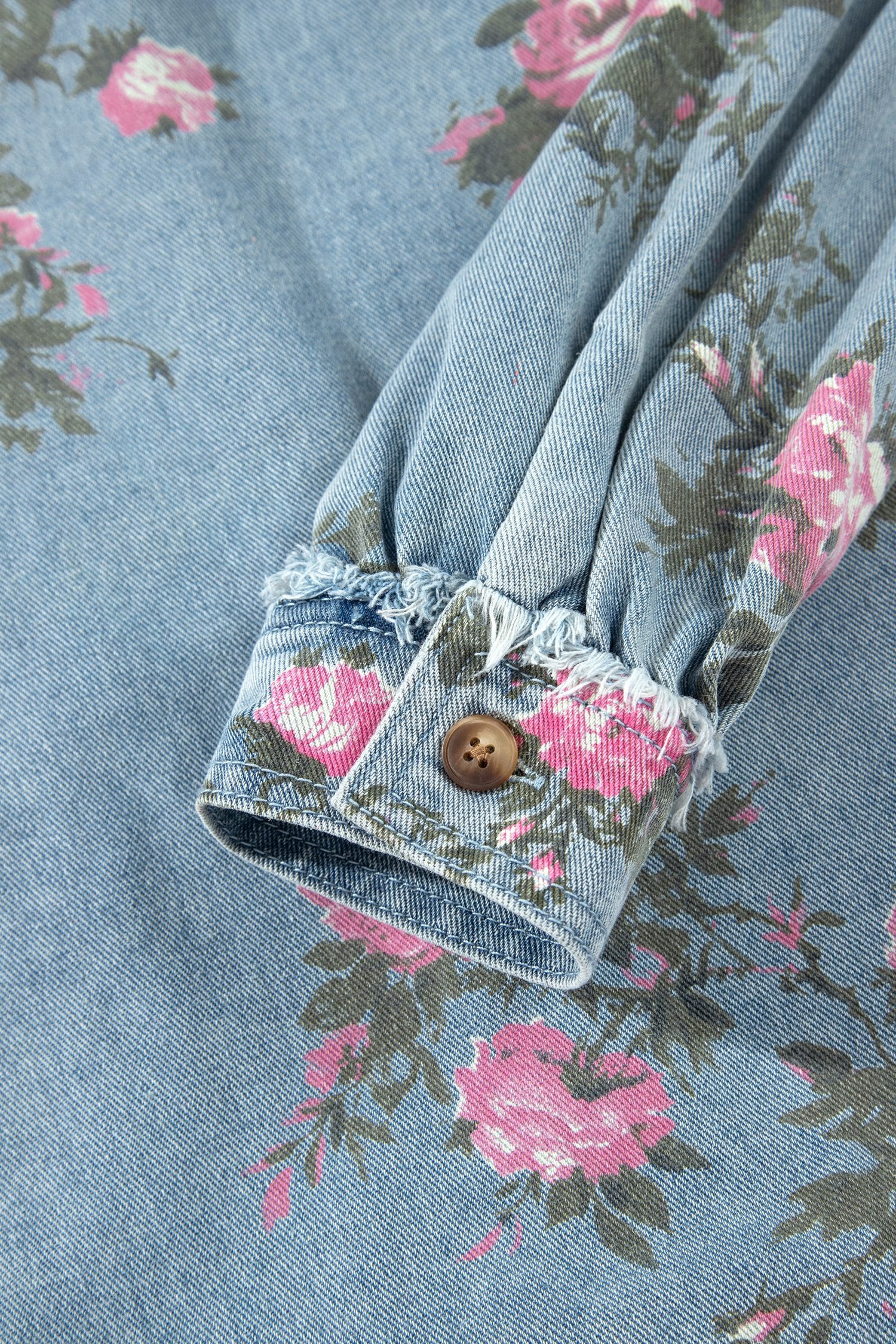 Sky Blue Floral Print Raw Seam Ruffle Hem Denim Jacket