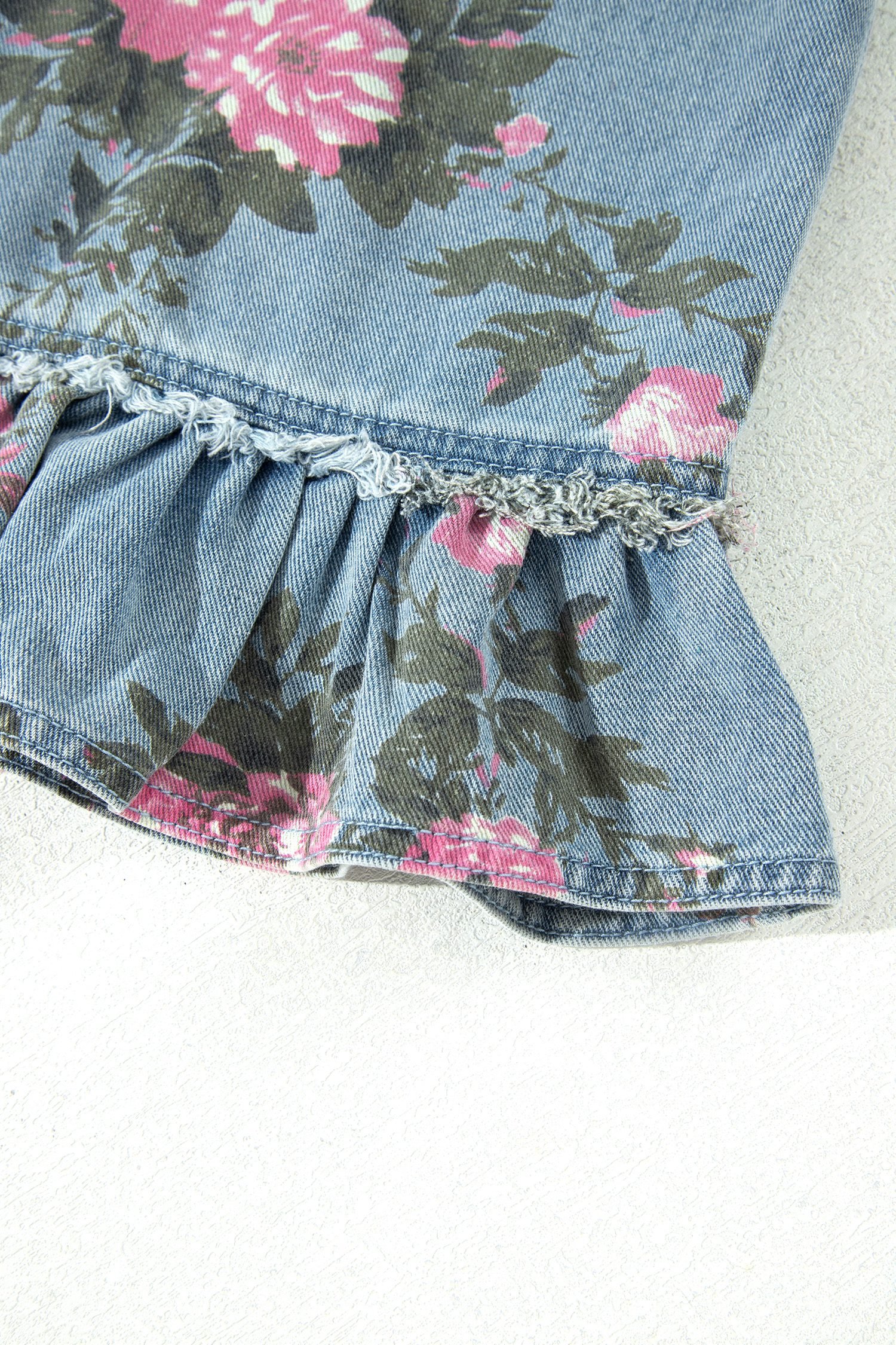Sky Blue Floral Print Raw Seam Ruffle Hem Denim Jacket