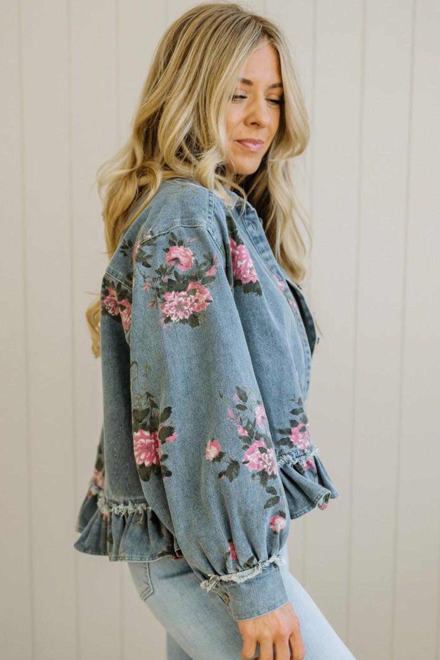 Sky Blue Floral Print Raw Seam Ruffle Hem Denim Jacket