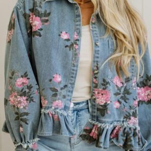 Sky Blue Floral Print Raw Seam Ruffle Hem Denim Jacket