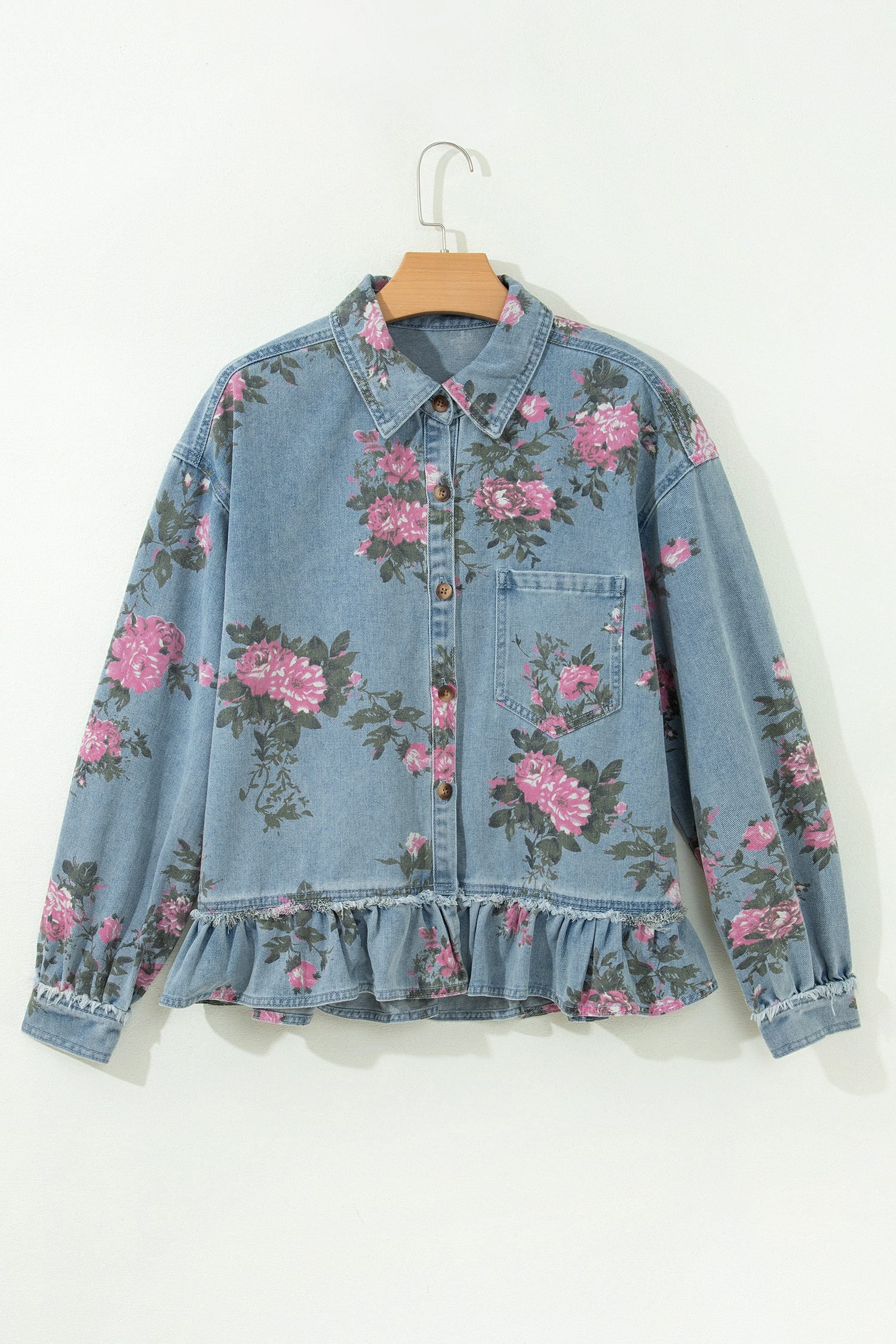 Sky Blue Floral Print Raw Seam Ruffle Hem Denim Jacket